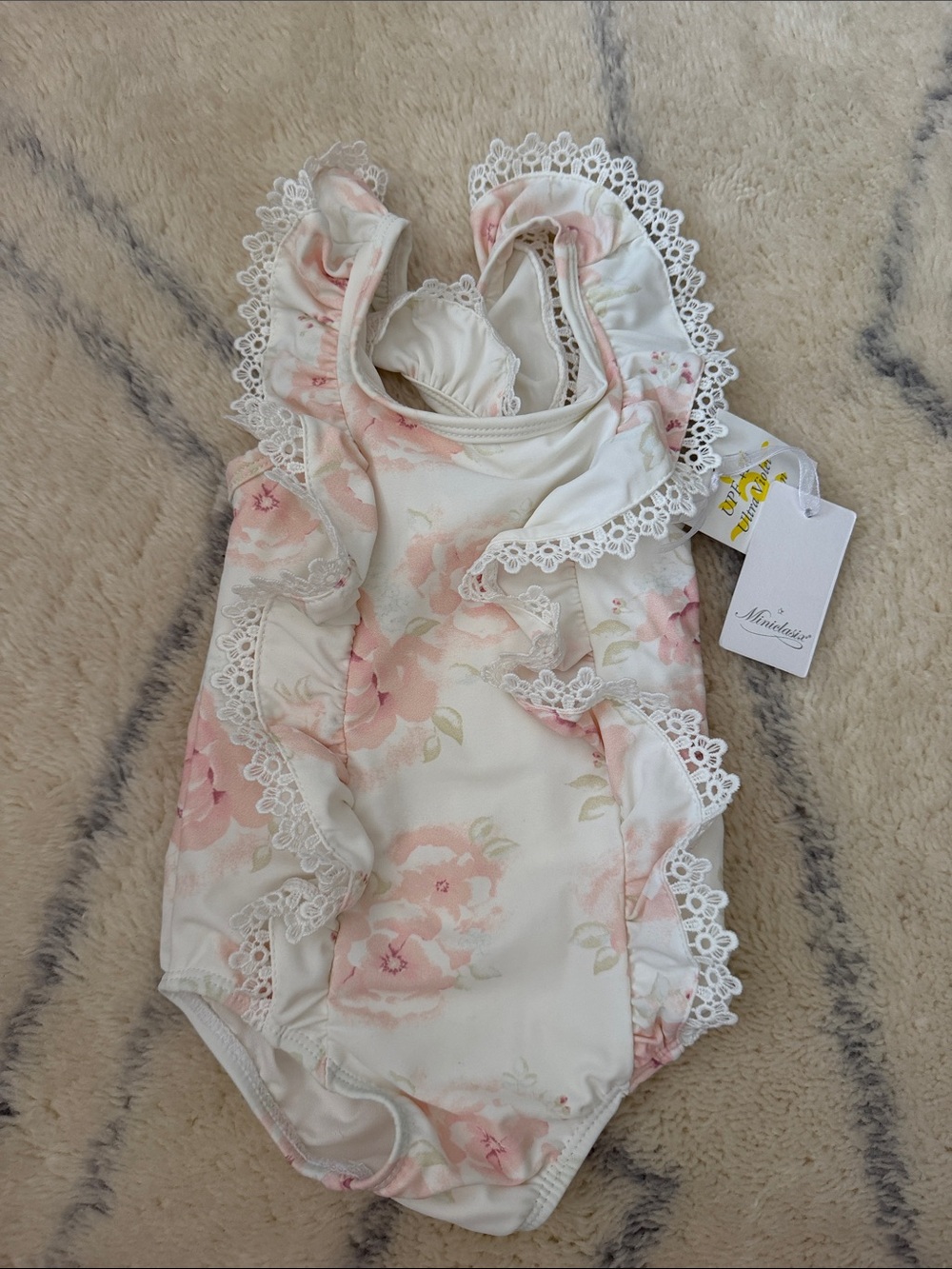 Mintini Kids Floral Ruffle One-Piece Swimsuit in Cream and Pink
